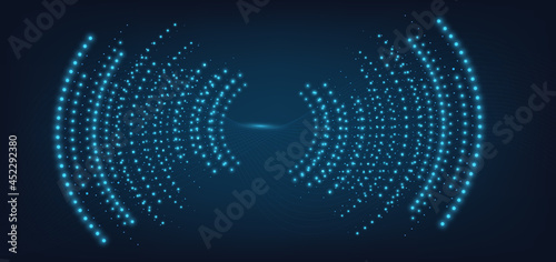 Sound waves dark blue light dot pattern. Abstract technology background.