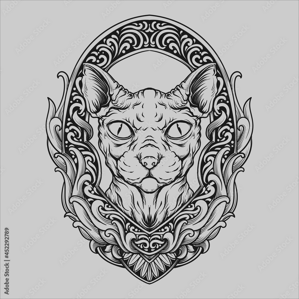 tattoo and t shirt design black and white hand drawn illustration sphynx cat engraving ornament