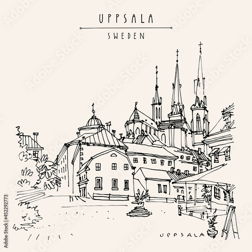 Vector Uppsala, Sweden, Europe postcard. Old town travel sketch. Beautiful church, antique buildings, cafe. Vintage touristic postcard, poster or book illustration photo
