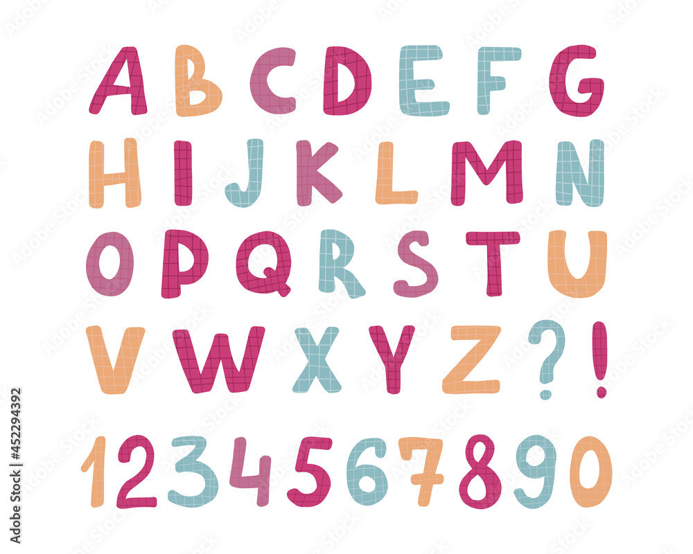 Alphabet childrens font. Funny kid cartoon letters for school, kindergarten. Cute color alphabet. baby lettering.