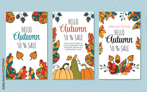Abstract hello autumn boho flyers banners invitation special offer design template isolated set