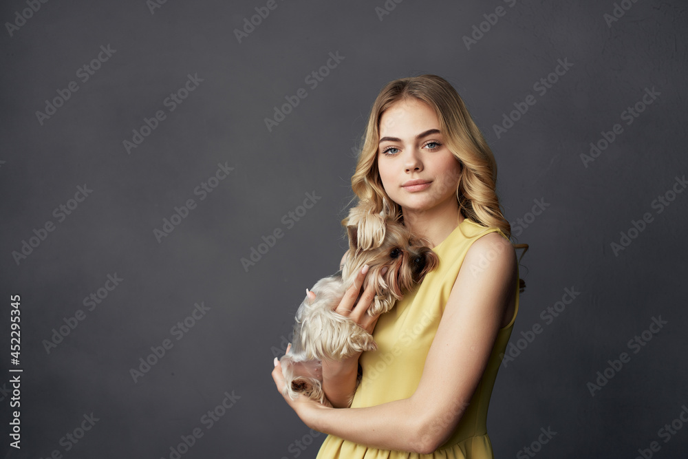 beautiful woman a small dog pet fun isolated background