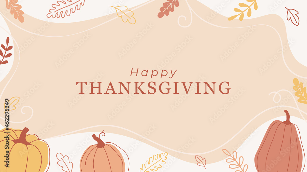Trendy minimal background with pumpkins and leaves. Abstract horizontal Happy Thanksgiving banner. Vector design.