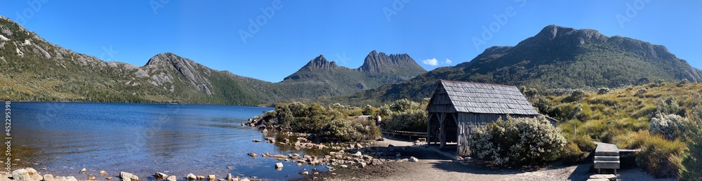 Panorama of lake cabin at Cradle Mountain Dove Lake Tasmania Australia. No people. Panorama of lake cabin at Cradle Mountain Dove Lake Tasmania Australia. No people.