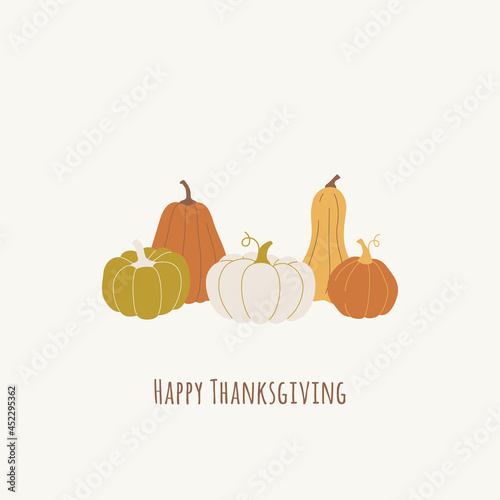 Trendy hand drawn design with pumpkins for postcards, invitation, brochures. Happy Thanksgiving illustration with pumpkins set. Vector design.