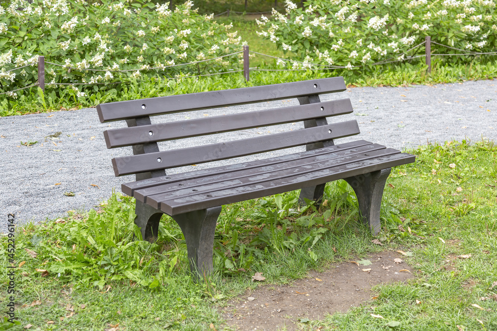 A recreation bench made of wood in a city park in summer A recreation bench made of wood in a city park in summer