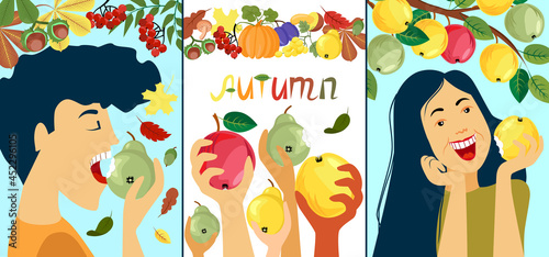 Autumn Harvest. Happy People Eat Apples. Fall. Set card of autumn delicacies. Pear, apple, grape, plum, peach, chestnut, acorn, pumpkin, mushroom, rowan, maple, leaves sketch vector illustration.