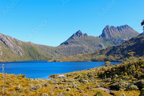 View of Cradle Mountain and Dove Lake Tasmania Australia. No people, space for copy