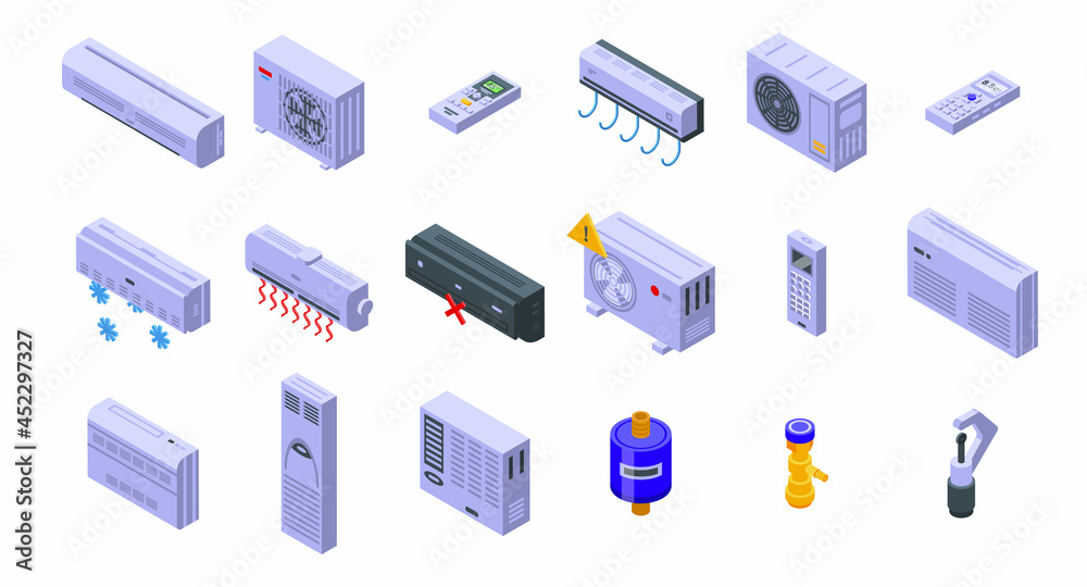 Repair air conditioner icons set isometric vector. Install heat. Industrial air