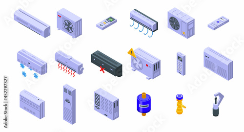 Repair air conditioner icons set isometric vector. Install heat. Industrial air