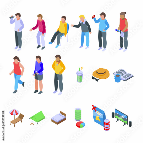 Resting athlete icons set isometric vector. Bored break. Casual towel