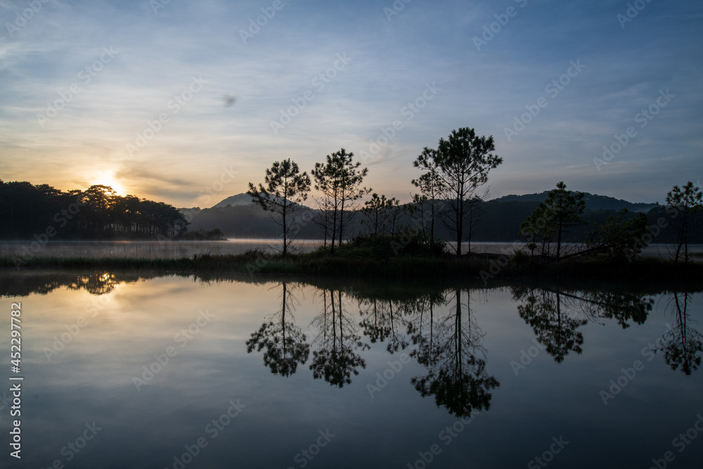 beauty scenery with pine island reflection on the fog lake at dawn