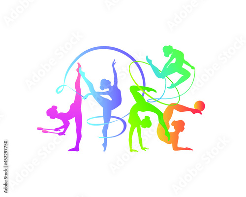 Rhythmic gymnastics girls with different inventory. Vector dancer colorful silhouettes