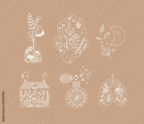 Obraz na płótnie Set of floral art icons in hand made line style vase of flowers, woman face, moon, house, perfume bottle, human lungs drawing on cocoa color background w salonie