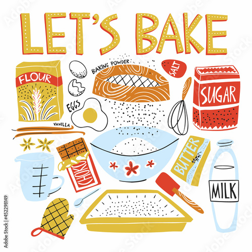 Recipe design with baking essentials. Vector cookbook illlustrations. Homemade bake recipe. Kids cooking template. Hand made pastry banner cute style