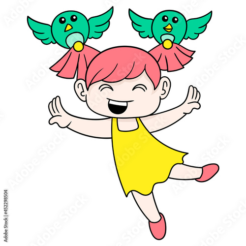 girl playing with birds in nature welcomes spring, doodle icon image kawaii