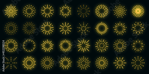 Firework icons set. Outline set of firework vector icons neon color on black