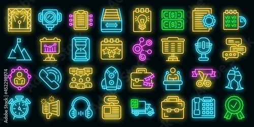 Event management icons set. Outline set of event management vector icons neon color on black