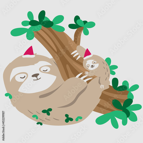 Merry Christmas! Christmas cute sloth.Mother and child. stock illustration