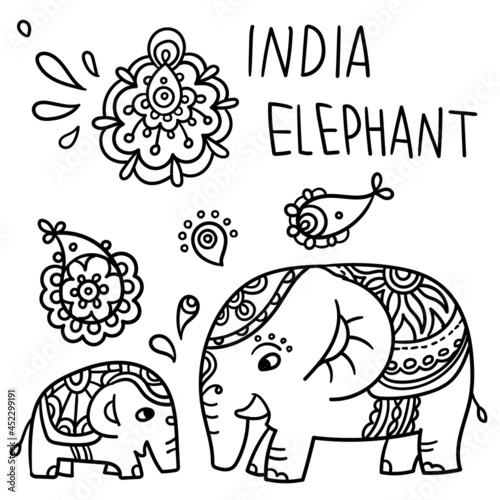 Vector hand draw India elephant. India style illustration. stock illustration