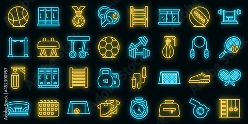 School gym icons set. Outline set of school gym vector icons neon color on black