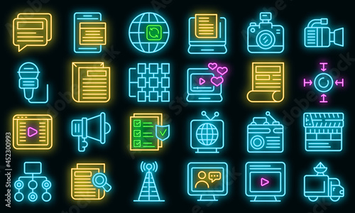 Actualization icons set. Outline set of actualization vector icons neon color on black