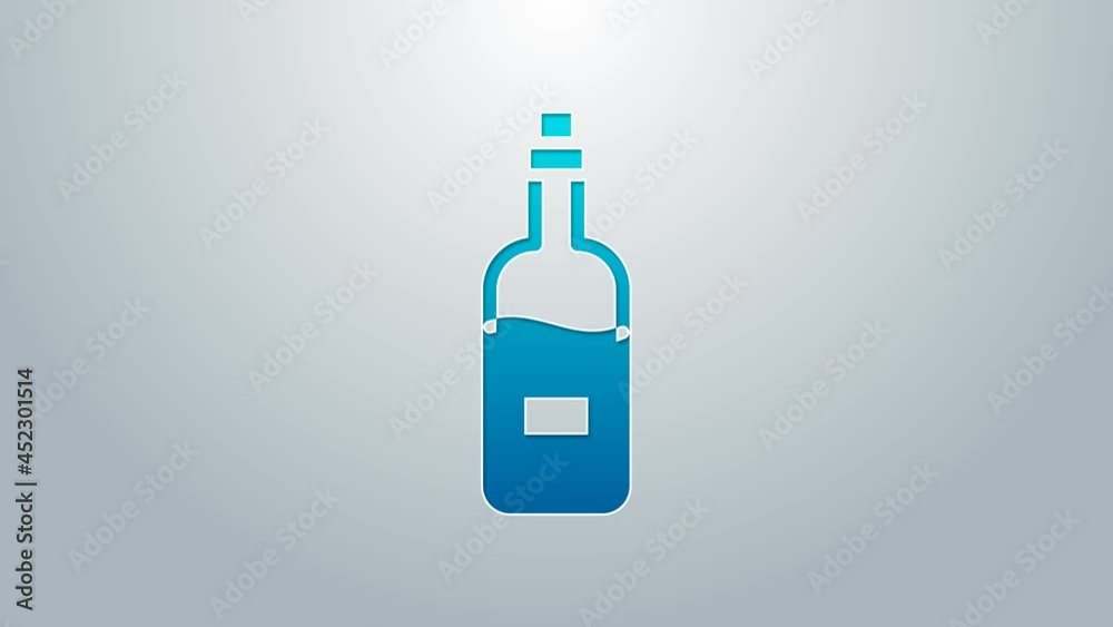 Blue line Bottle of wine icon isolated on grey background. 4K Video motion graphic animation Blue line Bottle of wine icon isolated on grey background. 4K Video motion graphic animation