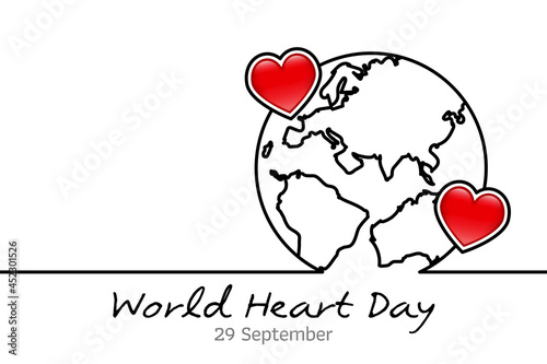 Minimal line World Heart Day. World Heart Day minimalist vector banner, poster, background with World map and hearts. One continuous line drawing with World map. Vector illustration. 