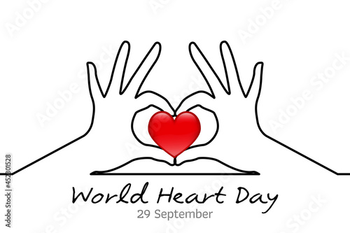 Minimal line World Heart Day. World Heart Day minimalist vector banner, poster, background with hands and hearts. One continuous line drawing with hand. Vector illustration. 
