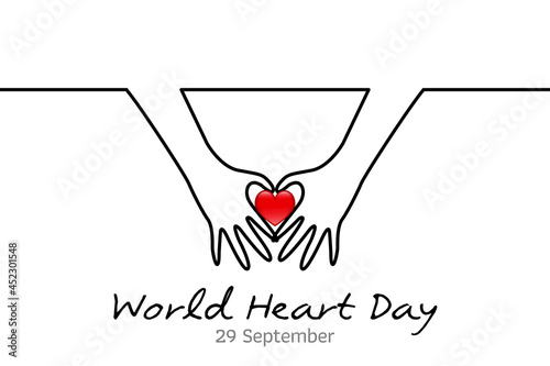 Minimal line World Heart Day. World Heart Day minimalist vector banner  poster  background with hands and hearts. One continuous line drawing with hand. Vector illustration. 
