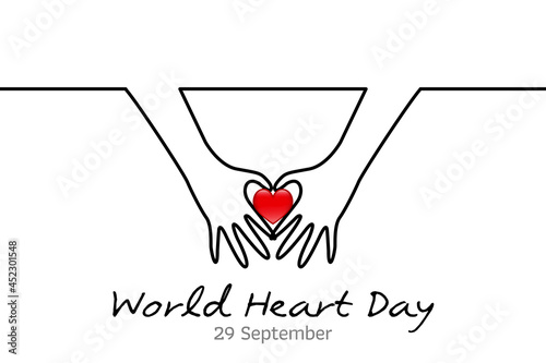 Minimal line World Heart Day. World Heart Day minimalist vector banner, poster, background with hands and hearts. One continuous line drawing with hand. Vector illustration. 