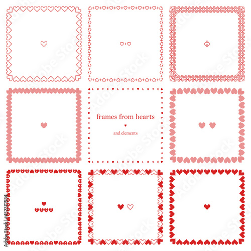 Vector set of square frames of red hearts