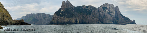 Panoramic view of islands in the Tasmanian Peninsular. View from boat. No people.