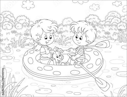 Happy little girl and boy with their merry pup riding an inflatable boat on a small lake in a pretty countryside on summer vacation, black and white vector cartoon for a coloring book page