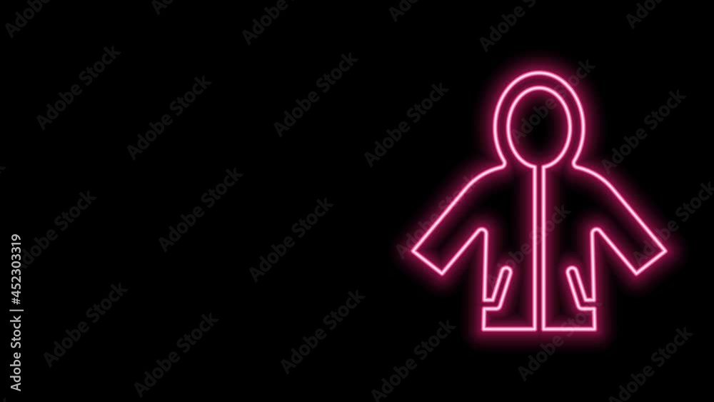 Glowing neon line Raincoat icon isolated on black background. 4K Video motion graphic animation Glowing neon line Raincoat icon isolated on black background. 4K Video motion graphic animation
