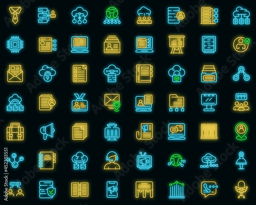 Customer database icons set. Outline set of customer database vector icons neon color on black