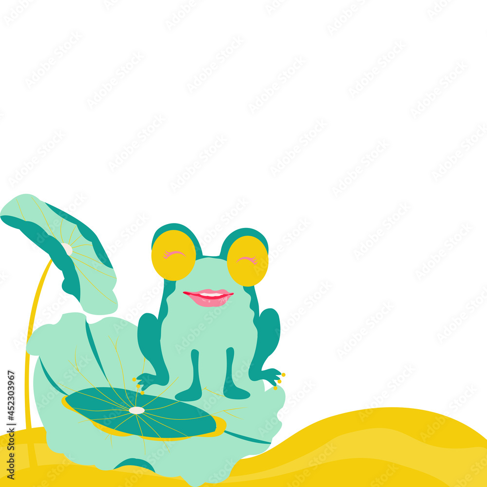 Cute cartoon green frog with mouth person woman girl figure sitting on a lotus leaf on the yellow water on a white background. Vector flat design hand drawn for greeting card,posters or kids T-shirt.