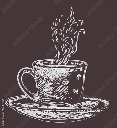 Vector contour watercolor brush drawing of cup with hot coffee