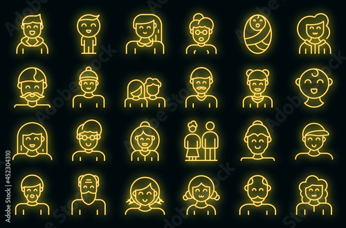Generation icons set. Outline set of generation vector icons neon color on black
