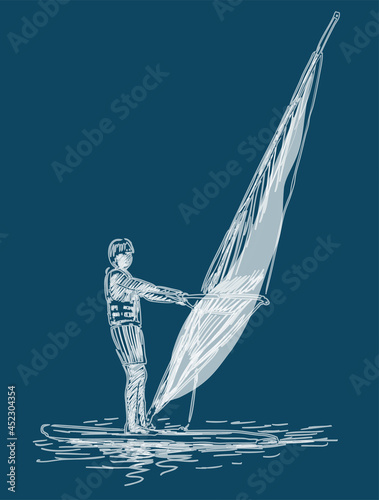 Vector outline watercolor brush drawing of windsurfer under sail in the sea