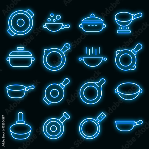 Wok frying pan icons set. Outline set of wok frying pan vector icons neon color on black