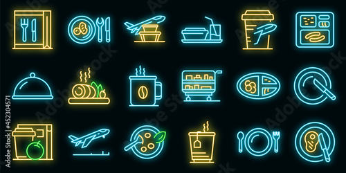 Airline food icons set. Outline set of airline food vector icons neon color on black