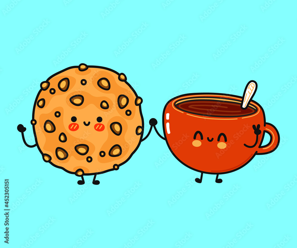 Cute, funny happy cup of coffee and oatmeal cookies character. Vector hand drawn cartoon kawaii characters, illustration icon. Funny cartoon cup of coffee and oatmeal cookies friends concept Cute, funny happy cup of coffee and oatmeal cookies character. Vector hand drawn cartoon kawaii characters, illustration icon. Funny cartoon cup of coffee and oatmeal cookies friends concept