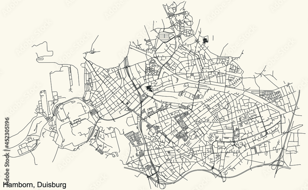 Fototapeta premium Black simple detailed street roads map on vintage beige background of the quarter Hamborn district of Duisburg, Germany