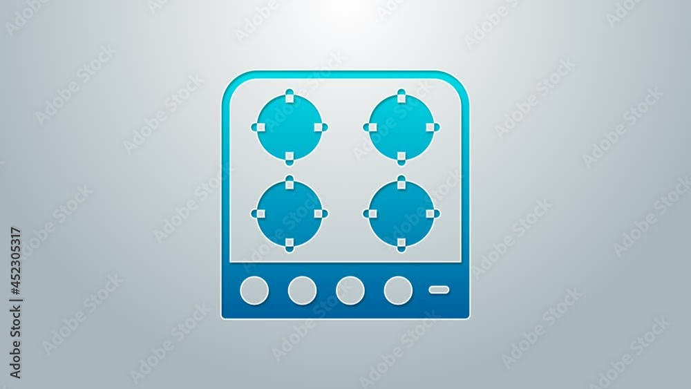Blue line Gas stove icon isolated on grey background. Cooktop sign. Hob with four circle burners. 4K Video motion graphic animation Blue line Gas stove icon isolated on grey background. Cooktop sign. Hob with four circle burners. 4K Video motion graphic animation