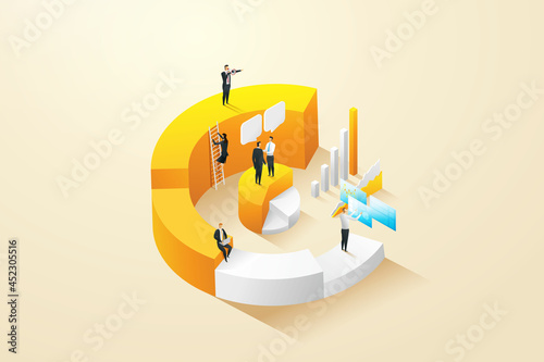 Businessmen together to study infographics on graphs.