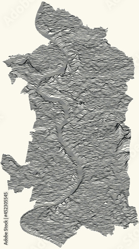 Topographic map of Duisburg, Germany with black contour lines on beige background