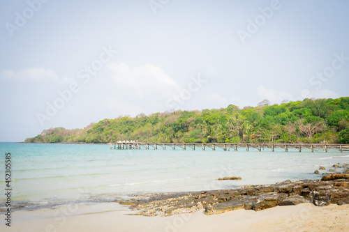 Wooded bridge with beautiful tropical beach in island Koh Kood   Thailand