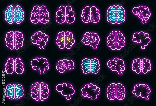 Human brain icons set. Outline set of human brain vector icons neon color on black