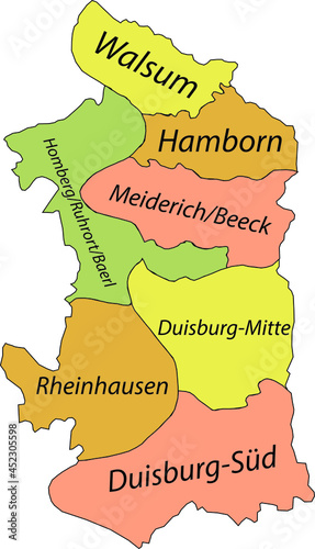 Simple pastel vector map with black borders and names of districts of Duisburg, Germany